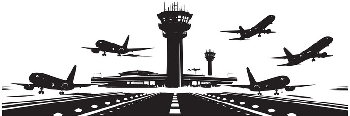 Busy Airport Scene with Airplanes and Control Tower Silhouette Commercial Airplane Takeoff Landing Sequence Airport Control Tower