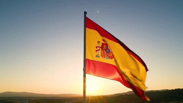 Waving, red and yellow flag in the sunset against pale blue sky, distant hills