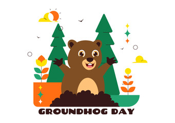 Happy Groundhog Day Vector Illustration on February 2 Featuring a Groundhog Emerging from a Hole with Land and Garden Cartoon Background