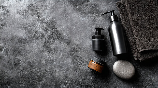 Flat lay of black cosmetic bottles with towel on dark texture
