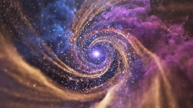 Swirling cosmic vortex of nebulous blues, oranges, and purples, centered on a star cluster