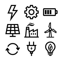 Diverse energy solutions and sustainability icons for power, industry, and environmental concepts