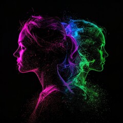 Obraz premium Two Abstract Profile Silhouettes Exploding Into Colorful Particles Against Black Background
