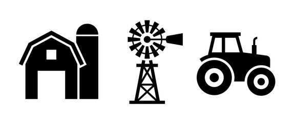 A collection of essential agricultural icons featuring a barn, silo, windmill, and tractor