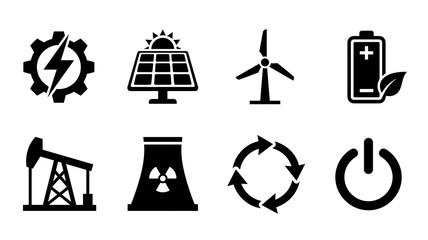 Diverse energy sources and power icons illustrating renewable, non-renewable, and sustainable options
