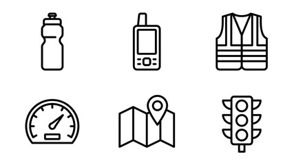 Essential outline icons for navigation, safety, communication, and travel tools