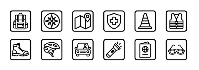 Essential travel and safety equipment outline icons for adventure and navigation needs