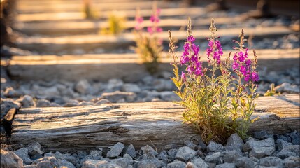 ballast. Wildflowers growing between weathered railway sleepers at golden hour. safety posters, maintenance manuals, designed for precision metalworking and fabrication facilities, supports safety.