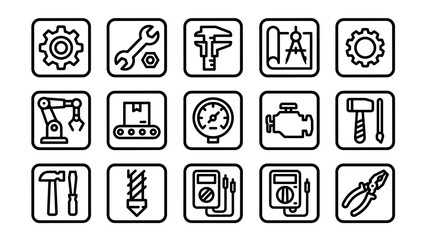 Essential outline icons for engineering, industry, and construction tools and concepts