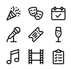 Entertainment and event planning line icons collection for celebration and leisure activities