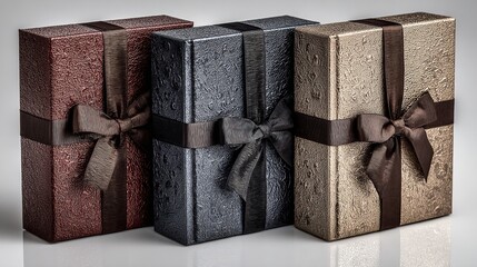 Professionelle Stilllebenfotografien zeigen mehrere sorgf&auml;ltig gestapelte Premium-Geschenkboxen, die mit luxuri&ouml;sen Satinb&auml;ndern verziert sind und satte Juwelent&ouml;ne aufweisen.