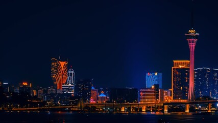 Macau Nightscape Cityscape with Illuminated Buildings and Tower - Handover Anniversary Time Lapse View