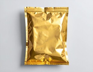 Isolated foil pouch. Shimmering gold, flat, and sealed on a pale surface