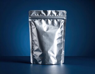 Shiny silver pouch with a sealed top, on a dark blue surface