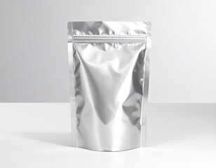 Shiny, metallic stand-up pouch with a zipper seal on a white surface