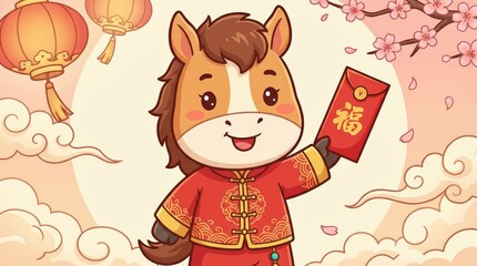 Cute Zodiac Horse with Red Envelope Cartoon