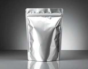 Shiny, metallic pouch stands upright, ready for product