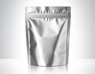 Shiny, silver stand-up pouch with sealed zipper, centered on a light surface