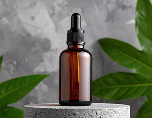 Amber glass dropper bottle on a concrete pedestal with green leaves