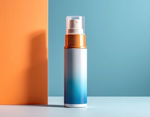 A skincare spray bottle with a gradient against orange & blue backdrop
