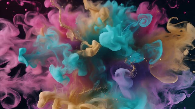 Vibrant 3D Paint Splash Explosion, Colorful Cyan Pink Gold Powder Burst, 4K Abstract Slow Motion Video