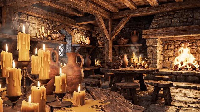 Warm and Cozy Rustic Inn Room Background with Flickering Fire and Empty Furniture
