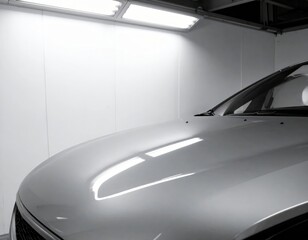 Front of a polished silver car illuminated by fluorescent lights