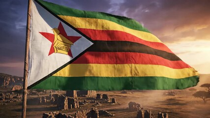 Waving flag with red star over crumbling stone ruins under a warm sunset in a dry, grassy landscape