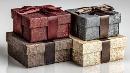 Professionelle Stilllebenfotografien zeigen mehrere sorgf&auml;ltig gestapelte Premium-Geschenkboxen, die mit luxuri&ouml;sen Satinb&auml;ndern verziert sind und satte Juwelent&ouml;ne aufweisen.