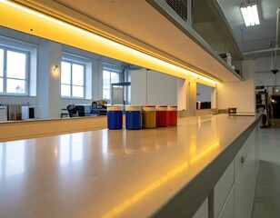 Colorful ink containers on a reflective counter in a modern laboratory