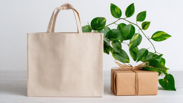 Beige tote bag sits beside a gift box and green plant.