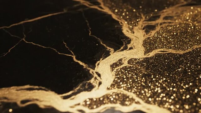 Abstract black marble texture with shimmering gold highlights and branching patterns