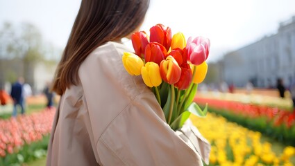 Woman Holding Mixed Tulip Bouquet 