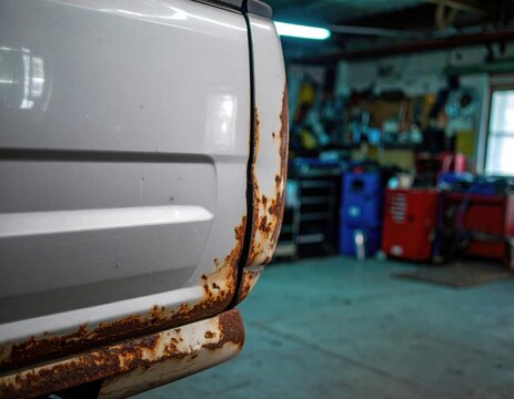 Severe rust and corrosion on white car panel in garage - Powered by Adobe