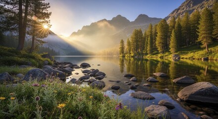 Brilliant sun rays stream over a tranquil mountain lake surrounded by lush greenery and forested slopes.