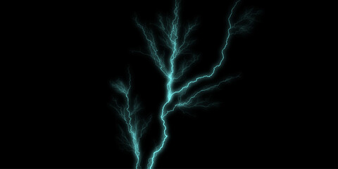 Dramatic lightning strike with glowing electrical discharge on a black backdrop perfect for special effects and design elements. Lightning overlay. Set of three electric lightning effects with glowing
