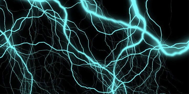 Blue lightning bolts radiate inward, forming a dynamic abstract design on black, thunder, futuristic. Branched lightning bolt. Electric bolt. Vector blue and black cracked texture .
