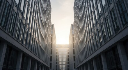 Tall modern office buildings frame a bright light source at the end of a narrow urban passage