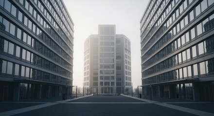 Modern corporate structures flank a central building shrouded in atmospheric haze