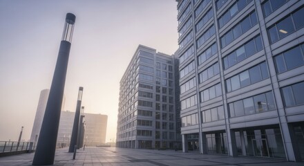Modern glass office buildings rise above a pedestrian plaza shrouded in morning mist