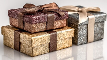 Professionelle Stilllebenfotografien zeigen mehrere sorgf&auml;ltig gestapelte Premium-Geschenkboxen, die mit luxuri&ouml;sen Satinb&auml;ndern verziert sind und satte Juwelent&ouml;ne aufweisen.