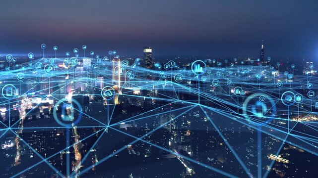 smart Connected city skyline. Futuristic network concept, city Technology.
