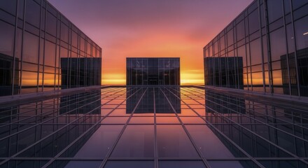 Modern glass architecture reflects vibrant sunset colors across a reflective surface