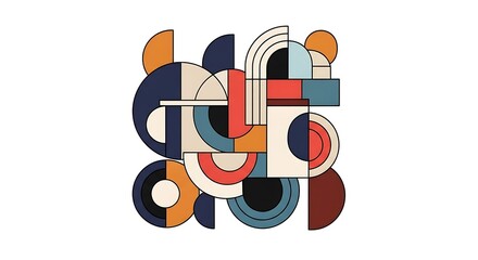 Abstract geometric composition with circles semicircles and rectangles in muted colors.
