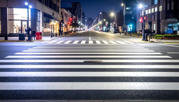 City Street at Night with Illuminated Crosswalk and Modern Buildings