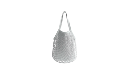 White, cone-shaped shopping bag with long handles, set against a stark black background