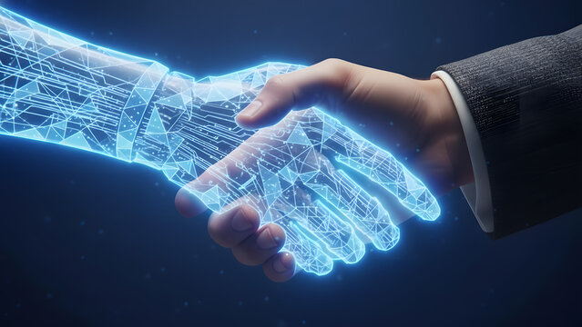 A human hand shaking hands with a glowing blue digital wireframe hand, symbolizing collaboration between humanity and artificial intelligence or technology. - Powered by Adobe