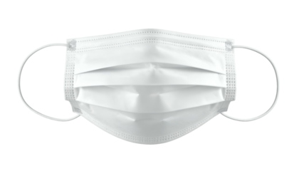 A sterile white face covering with ear loops, isolated on a black background, front view