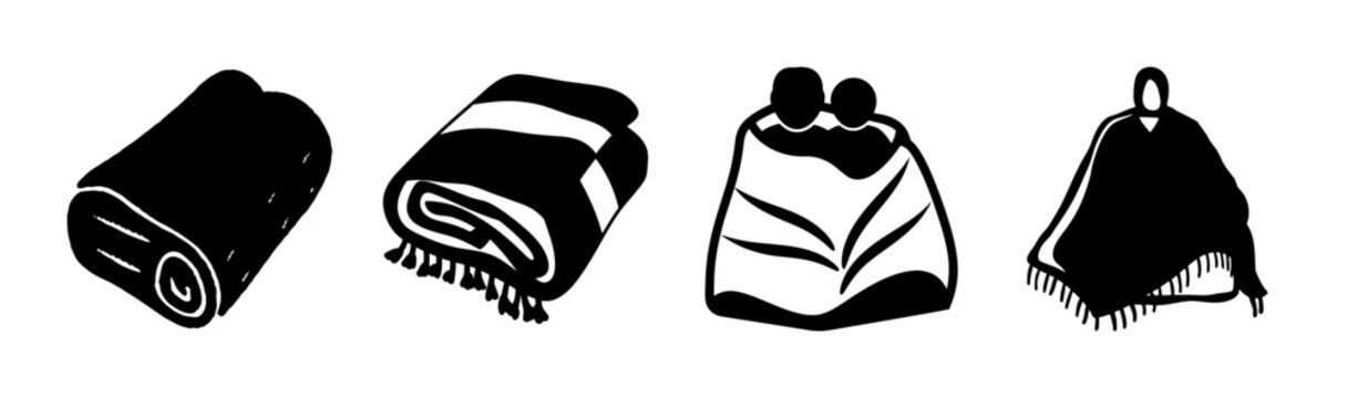 A collection of stylized black and white icons featuring various types of comfortable blankets and throws