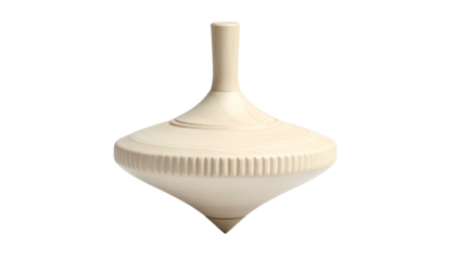 A simple, natural-wood spinning top with a pointed base and a tall, slender peg at the top